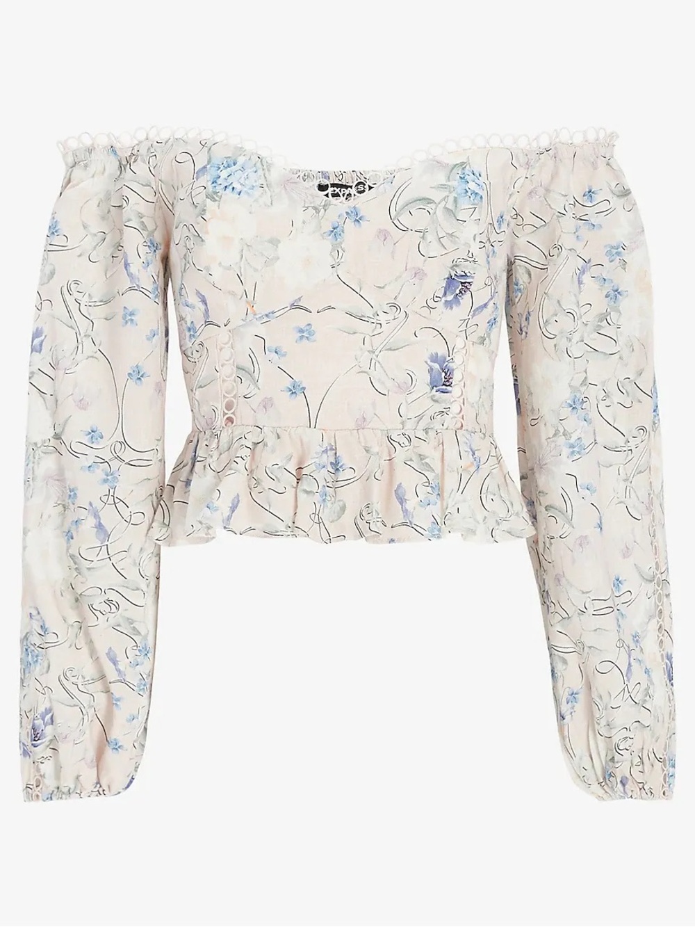 Express Off-Shoulder Peplum Blouse in Cream with Blue Floral Sz S - Picture 2 of 10